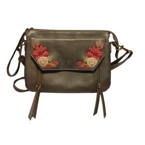 Flower Embroidery Faux Leather Messenger Crossbody Wristlet Bag Gray Womens OS